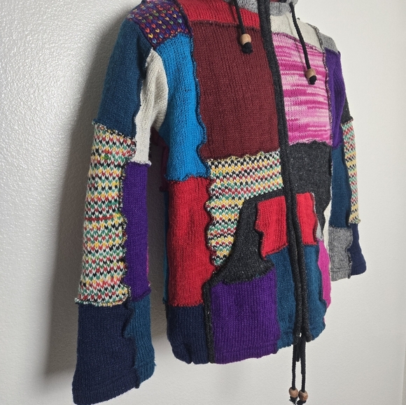 SHOPOHOLIC FASHION Hoodie Jacket Mens Small Knitted  Multicoloured Wool Patch - Picture 3 of 16